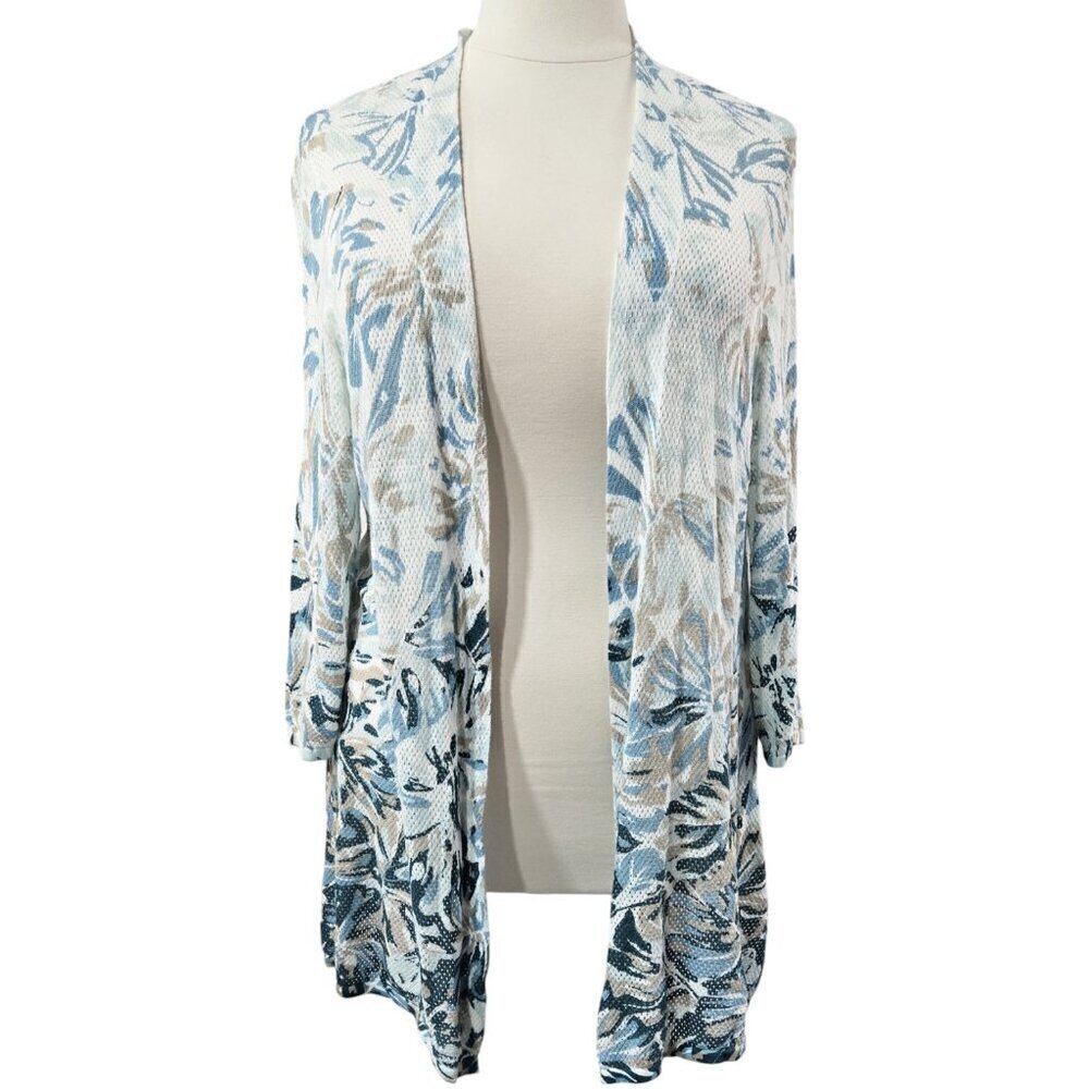 Catherines Ivory Teal Floral Leaf Mesh Open Front Lightweight Cardigan